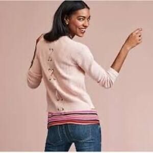 CAbi Sz M Blush Pink LaceUp Cardigan Cotton Sweater Coquette Balletcore Feminine